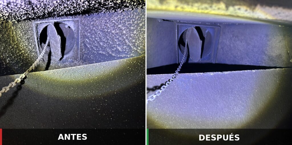 Comparativa antes y despues del deshollinado del interior de una chimenea por Lasua