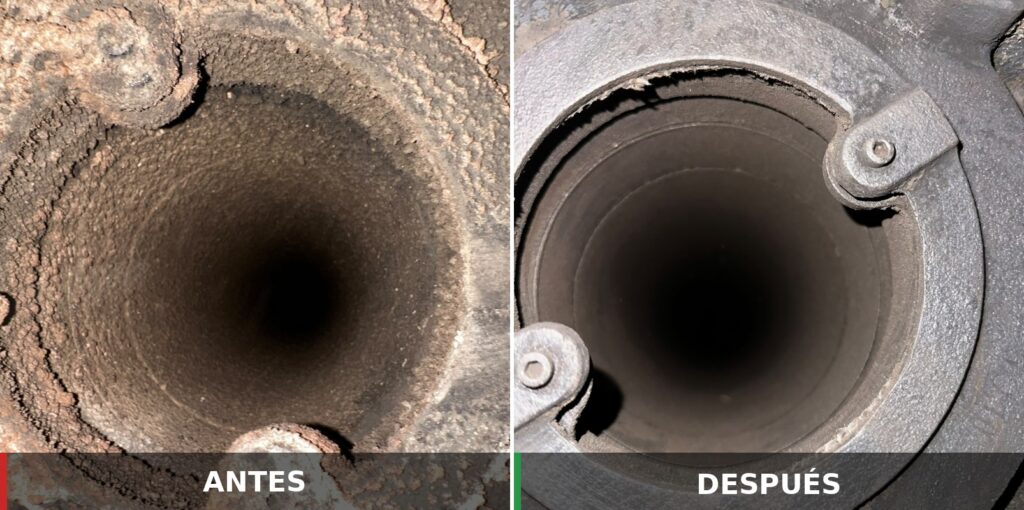Comparativa antes y despues de la limpieza del conducto de una estufa por Lasua